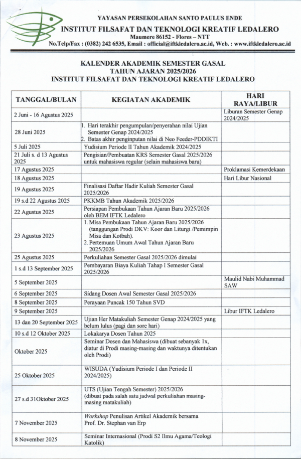 Kalender Akademik Semester Ganjil 2025 2026 IFTK Ledalero 001